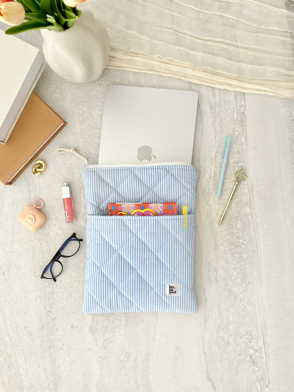 Blue Stripe Macbook Laptop Sleeve with Pocket, Handmade Padded Laptop Case 13–14-15-16 Inch