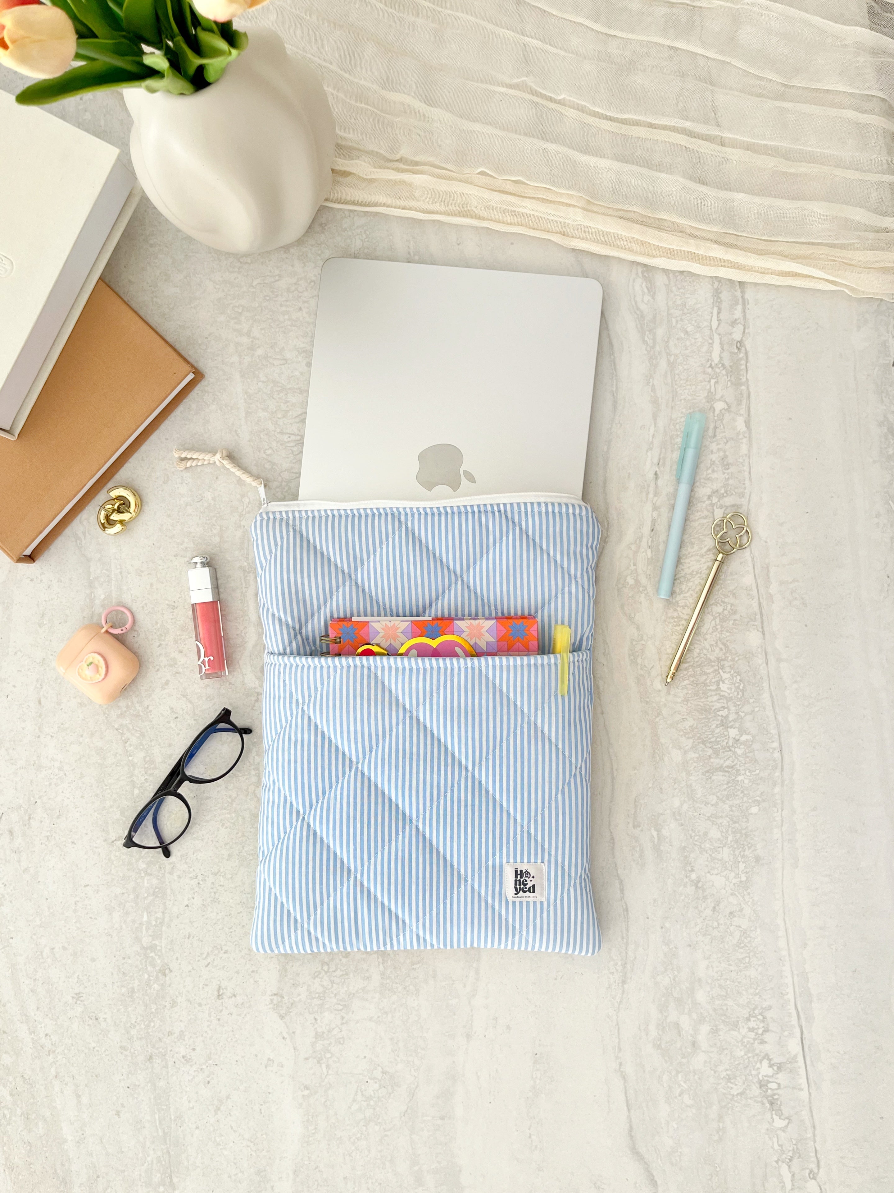Blue Stripe Macbook Laptop Sleeve with Pocket, Handmade Padded Laptop Case 13–14-15-16 Inch