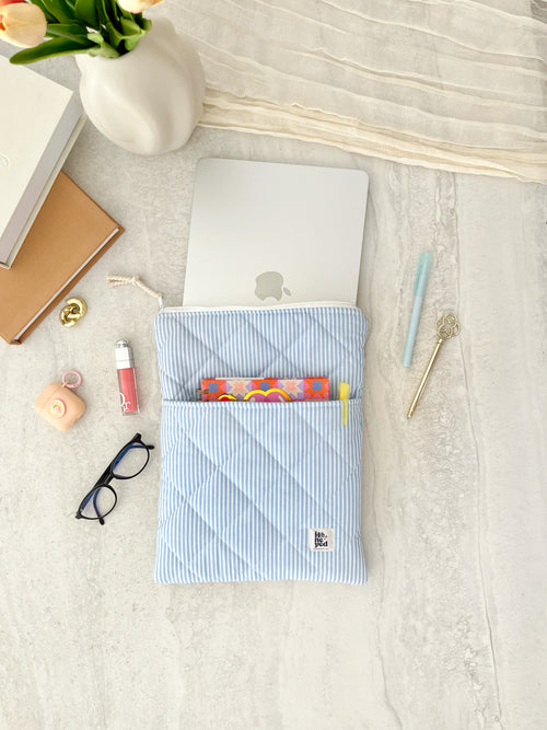 Blue Stripe Macbook Laptop Sleeve with Pocket, Handmade Padded Laptop Case 13–14-15-16 Inch