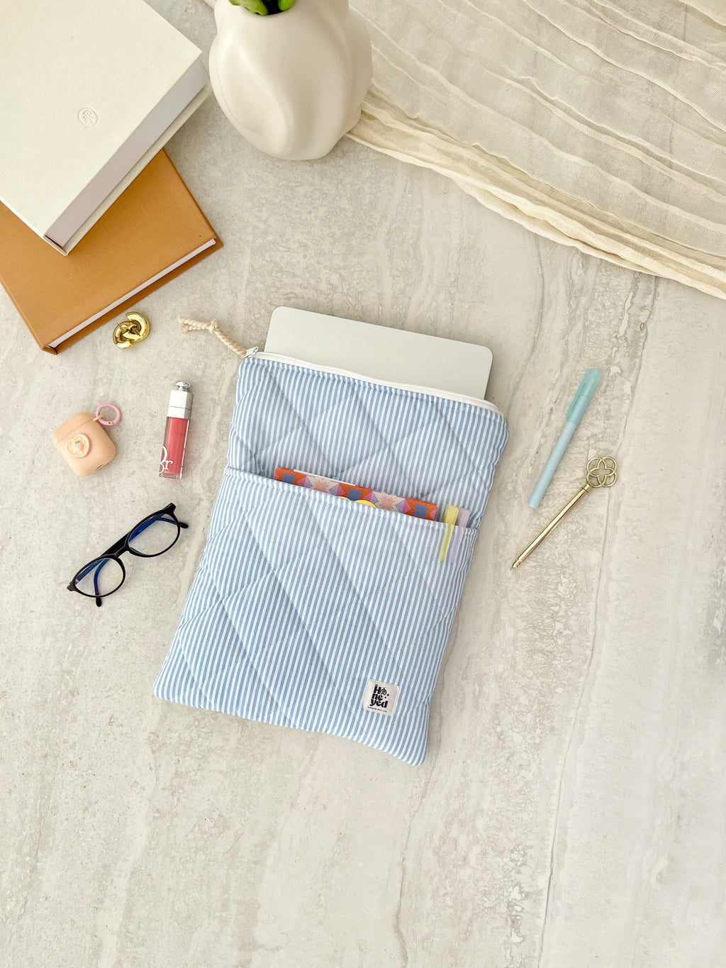 Blue Stripe Macbook Laptop Sleeve with Pocket, Handmade Padded Laptop Case 13–14-15-16 Inch