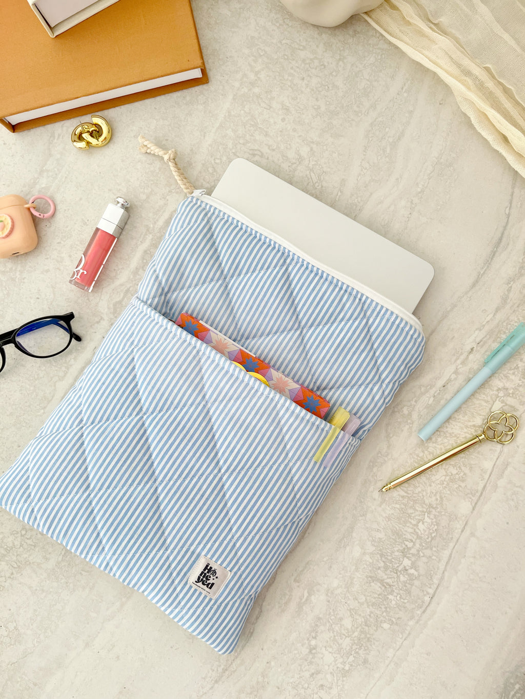 Blue Stripe Macbook Laptop Sleeve with Pocket, Handmade Padded Laptop Case 13–14-15-16 Inch