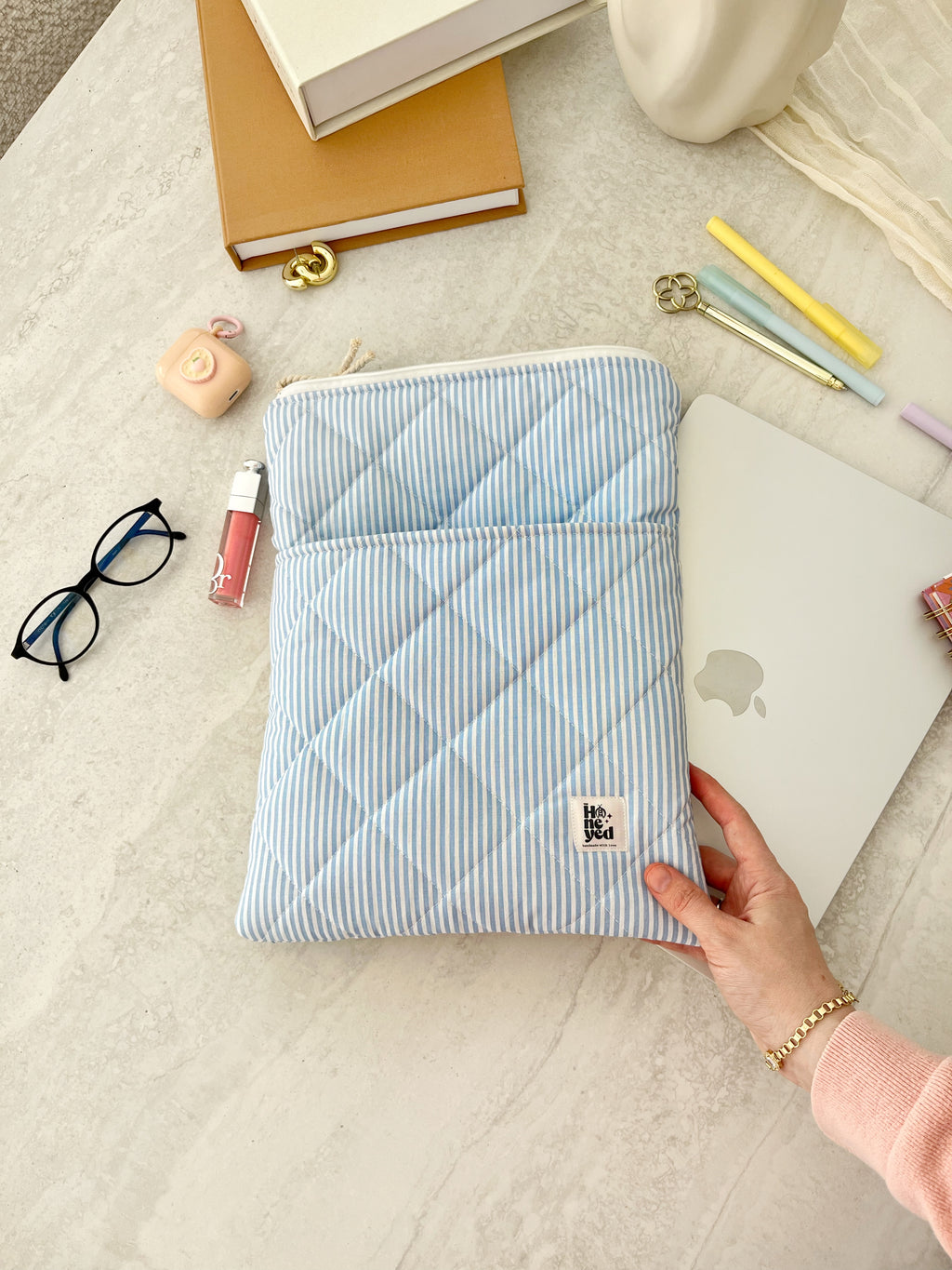 Blue Stripe Macbook Laptop Sleeve with Pocket, Handmade Padded Laptop Case 13–14-15-16 Inch