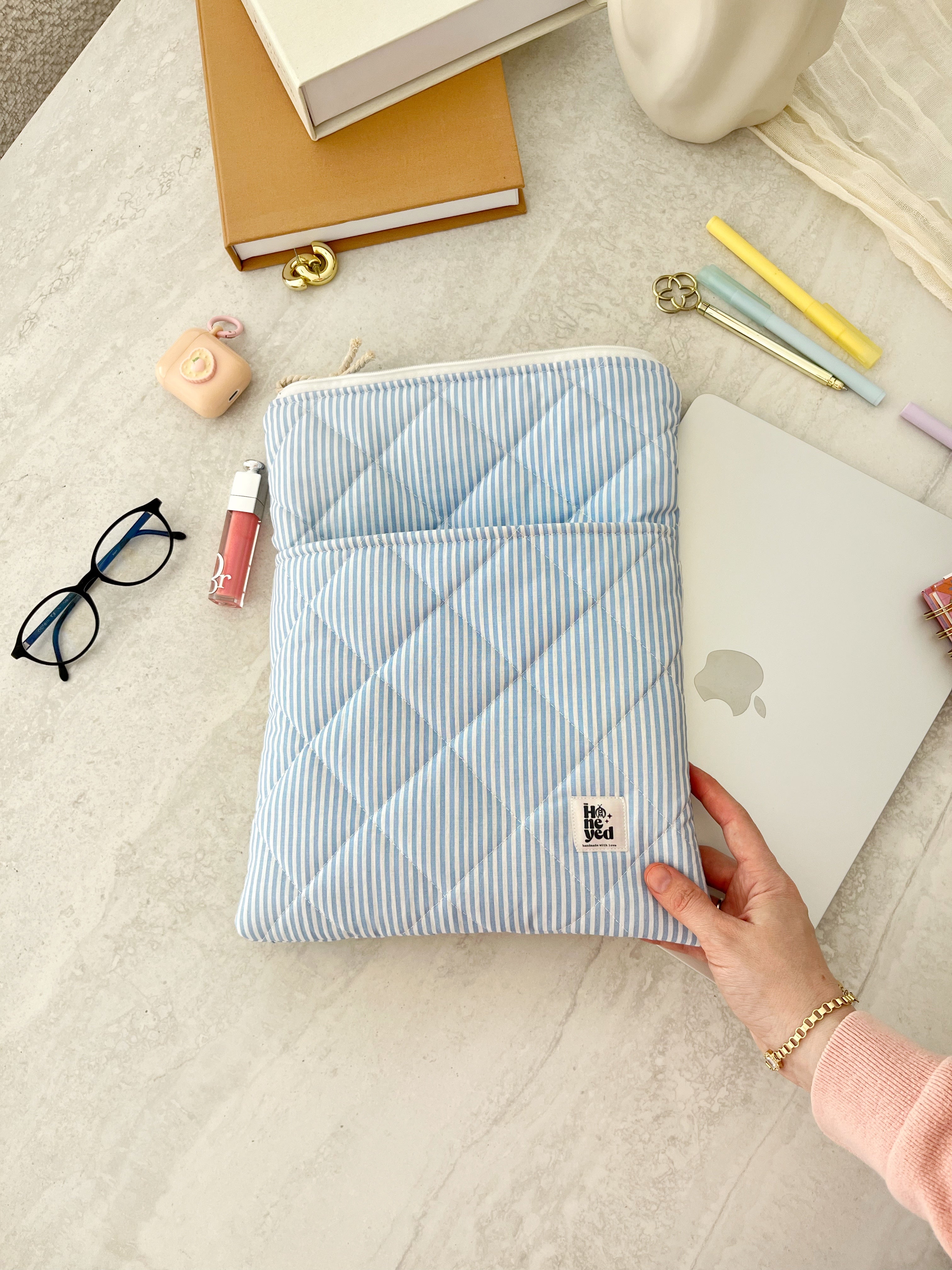 Blue Stripe Macbook Laptop Sleeve with Pocket, Handmade Padded Laptop Case 13–14-15-16 Inch