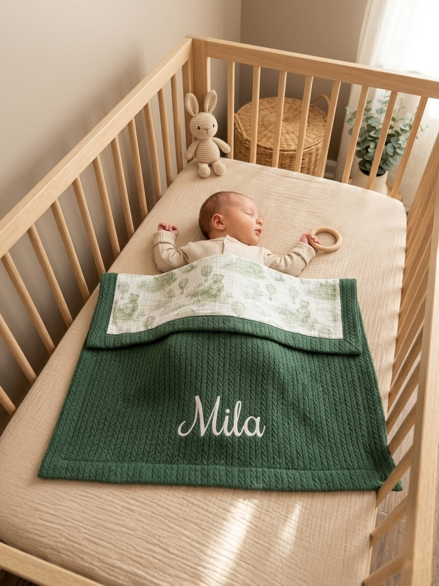 Kişiselleştirilmiş Müslin Bebek Battaniyesi Green Bear