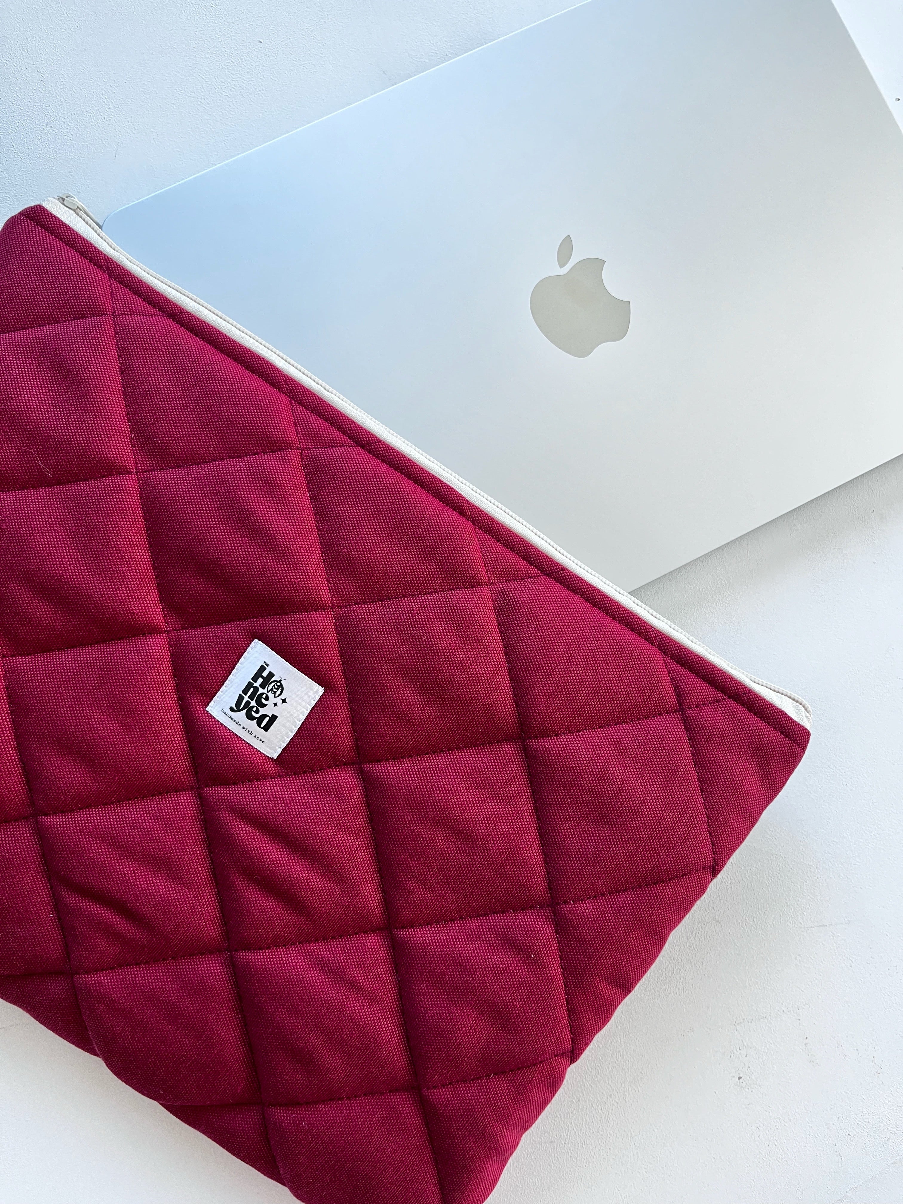 Burgundy Quilted Macbook Laptop Sleeve, Handmade Padded Laptop Case 13–14-15-16 Inch