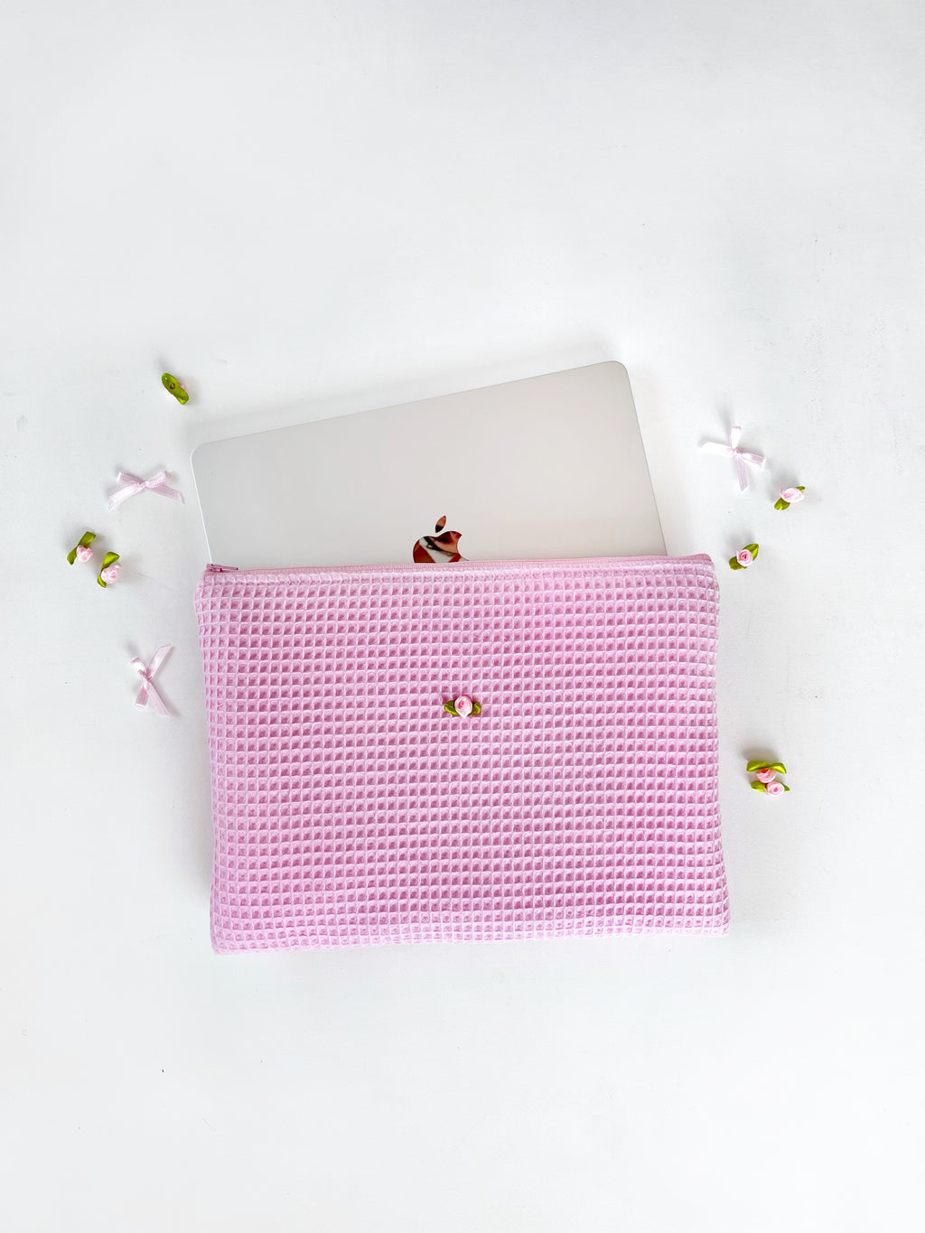 Pink Rose Laptop Sleeve, Handmade Padded Puffy Macbook Laptop Case 13–14-15-16 Inch