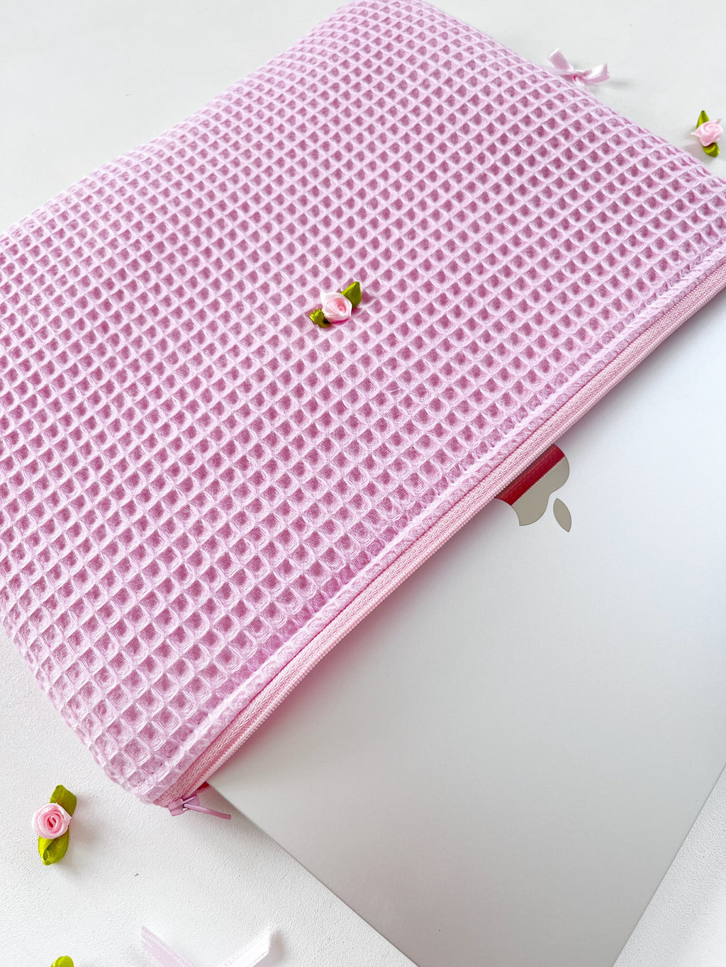 Pink Rose Laptop Sleeve, Handmade Padded Puffy Macbook Laptop Case 13–14-15-16 Inch
