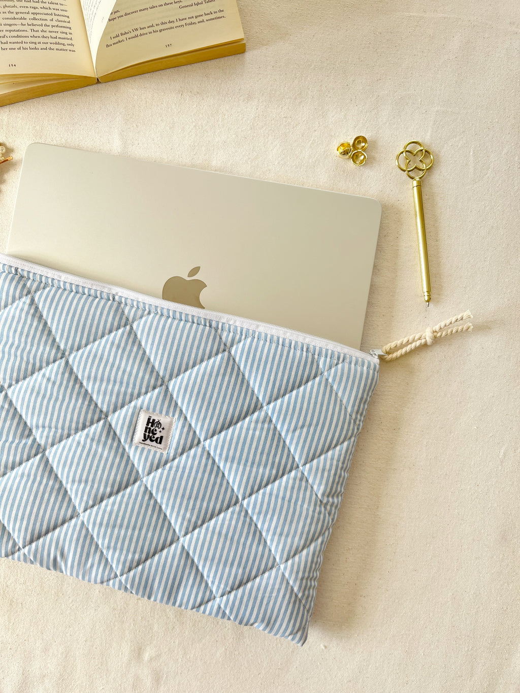 Blue Stripe Quilted Laptop Sleeve, Handmade Padded Laptop Case 13–14-15-16 Inch
