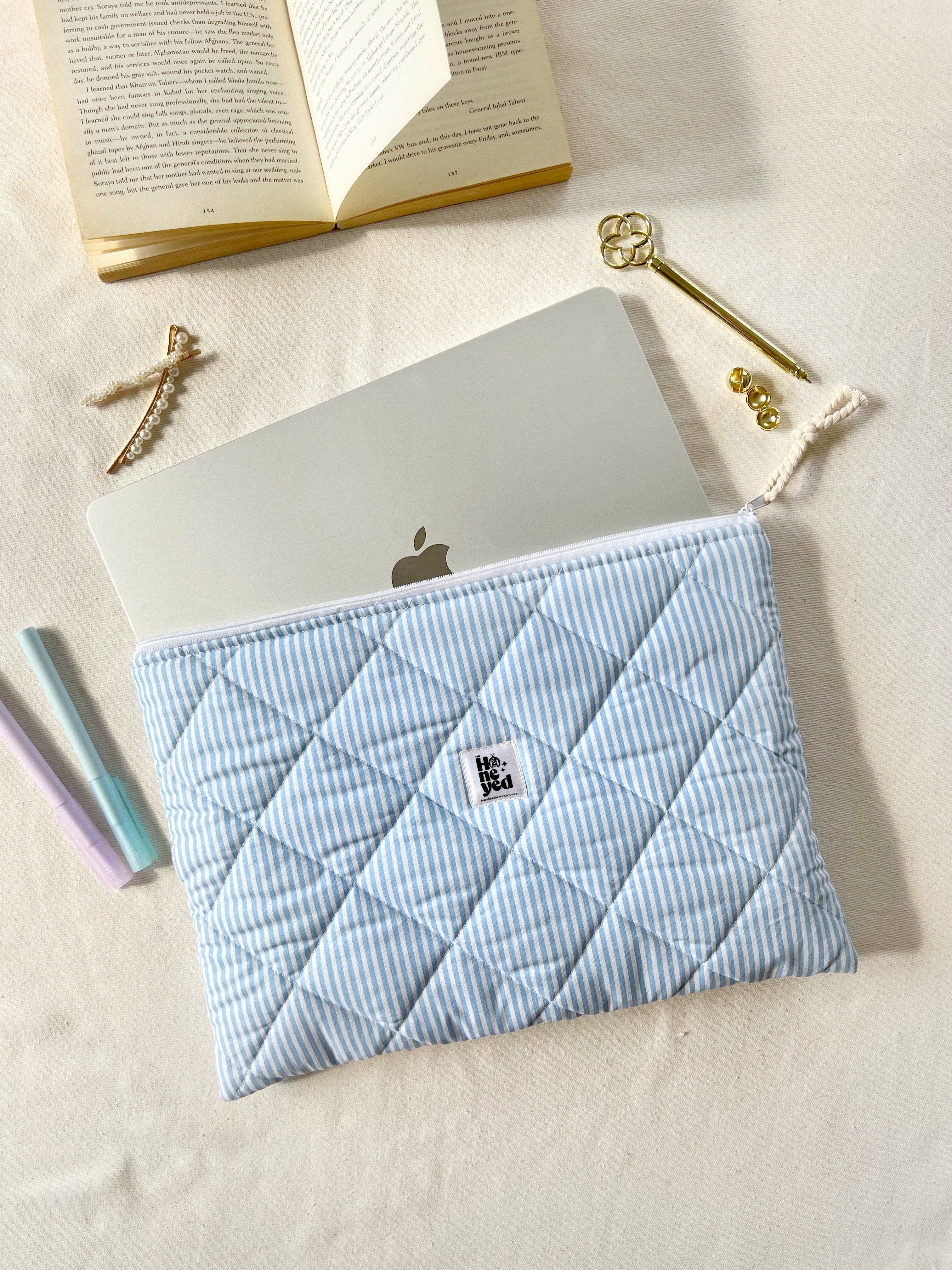 Blue Stripe Quilted Laptop Sleeve, Handmade Padded Laptop Case 13–14-15-16 Inch