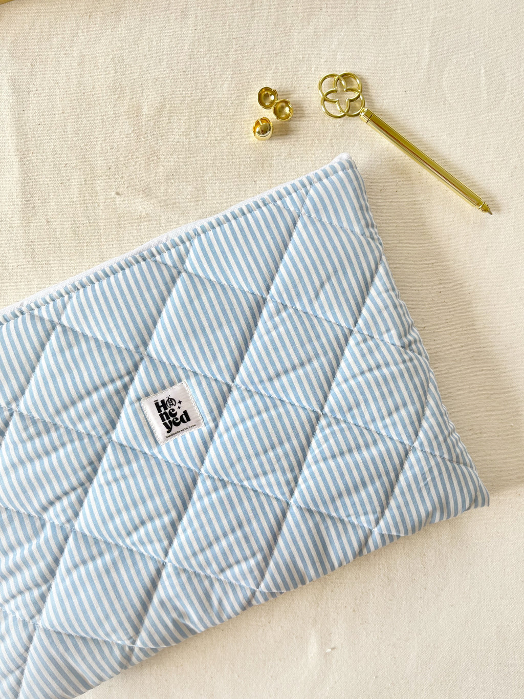 Blue Stripe Quilted Laptop Sleeve, Handmade Padded Laptop Case 13–14-15-16 Inch