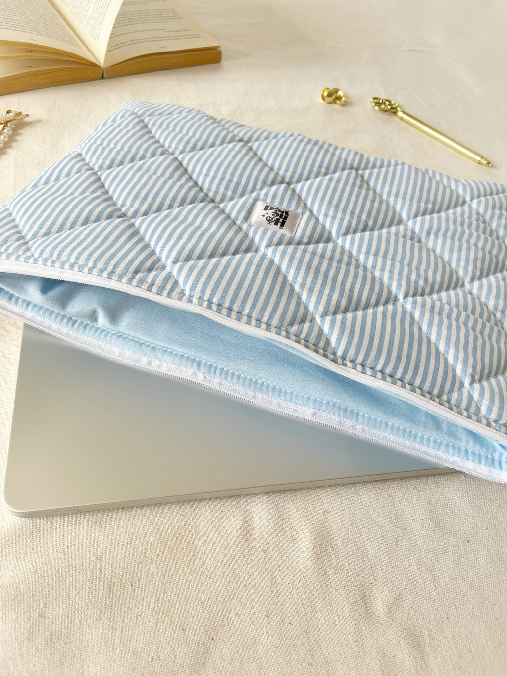 Blue Stripe Quilted Laptop Sleeve, Handmade Padded Laptop Case 13–14-15-16 Inch
