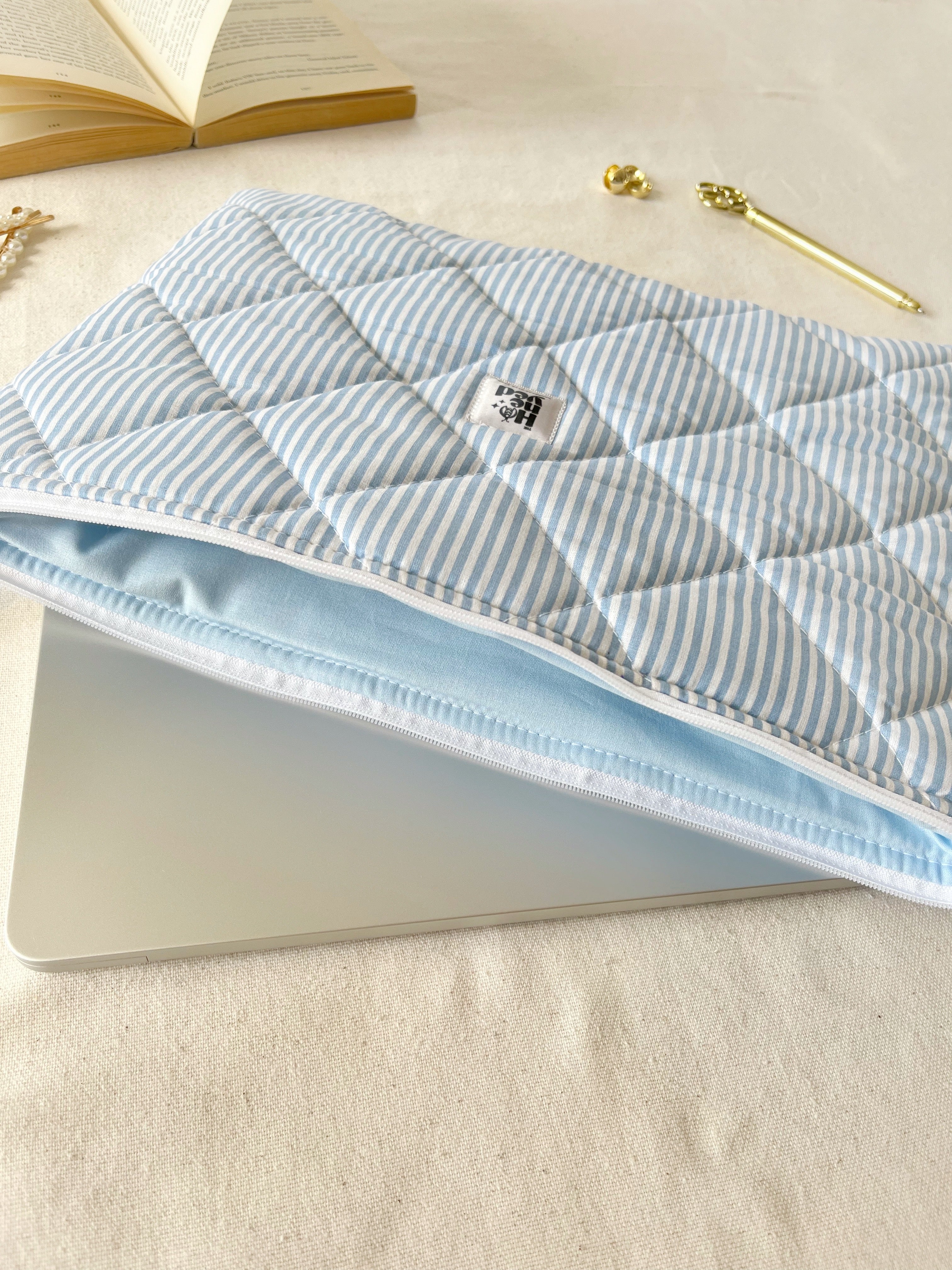 Blue Stripe Quilted Laptop Sleeve, Handmade Padded Laptop Case 13–14-15-16 Inch