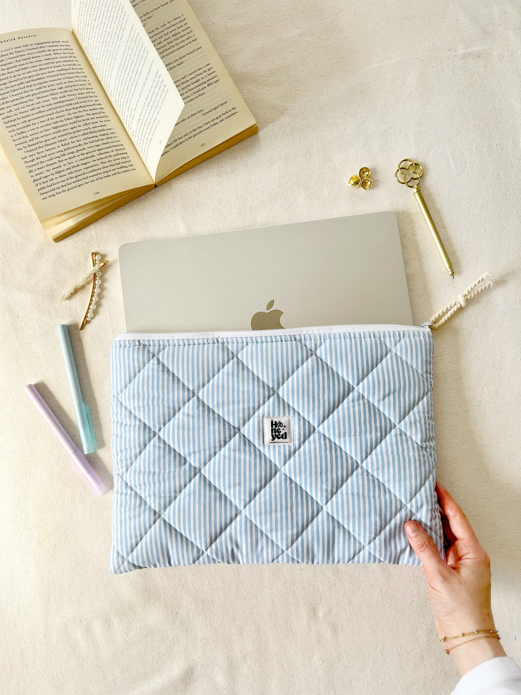 Blue Stripe Quilted Laptop Sleeve, Handmade Padded Laptop Case 13–14-15-16 Inch