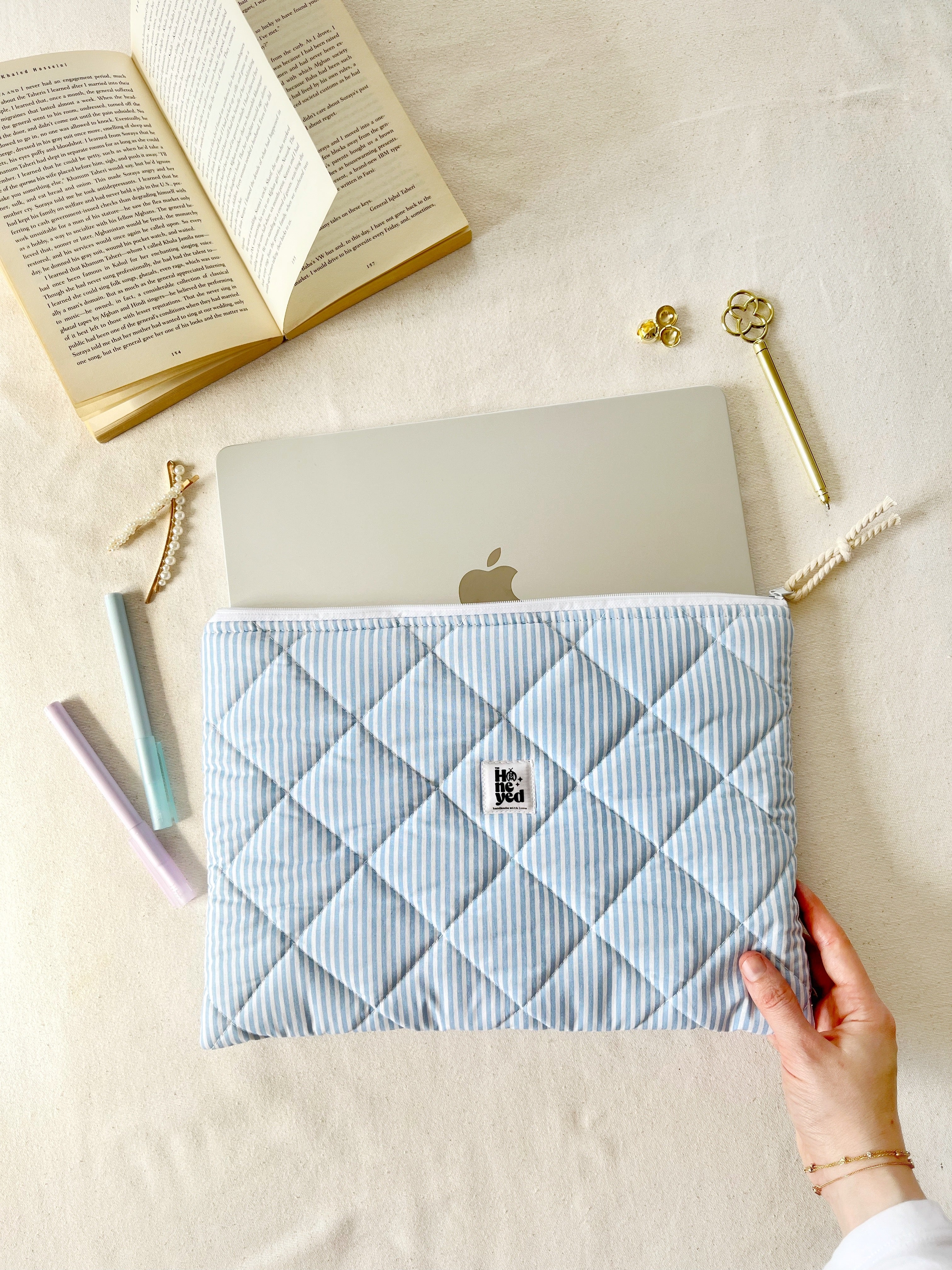 Blue Stripe Quilted Laptop Sleeve, Handmade Padded Laptop Case 13–14-15-16 Inch