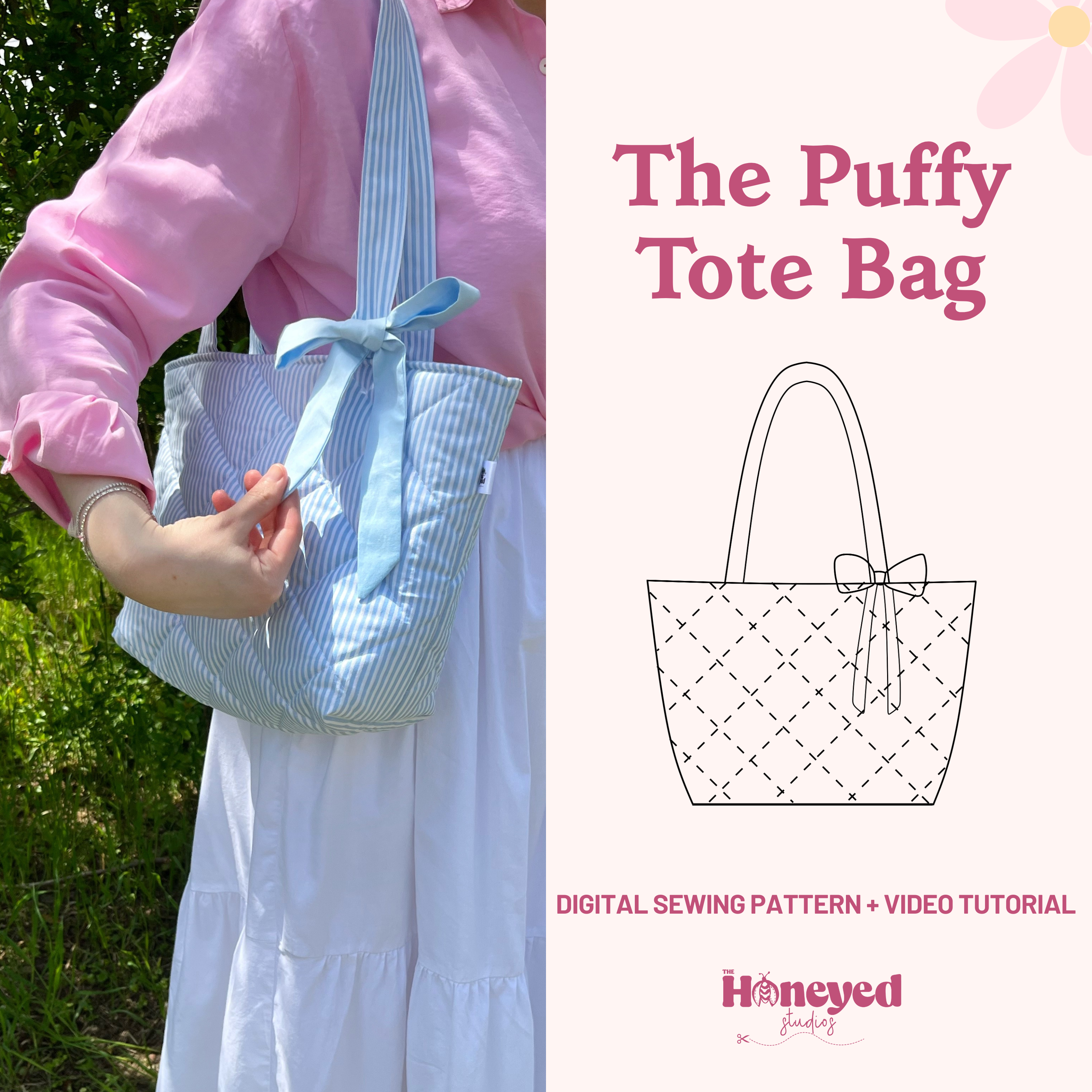 Quilted Ribbon Tote Bag Sewing Pattern, Video Tutorial, PDF Download Beginner Friendly