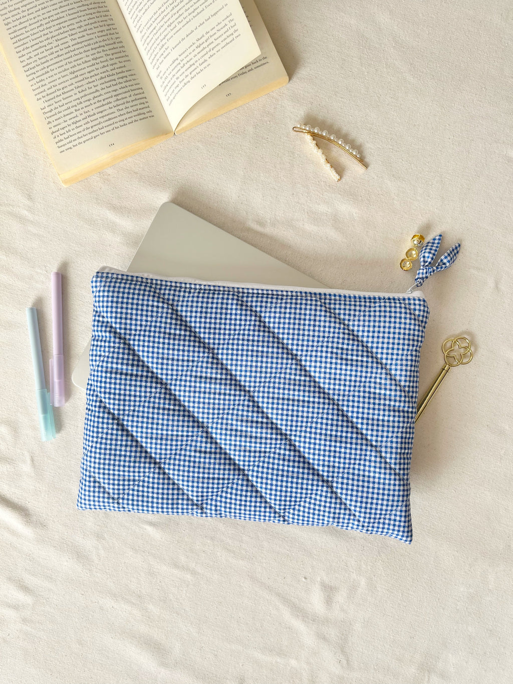 Karierte Gingham-Laptophülle, gesteppte Baumwoll-MacBook-Hülle für 13–14–15–16 Zoll