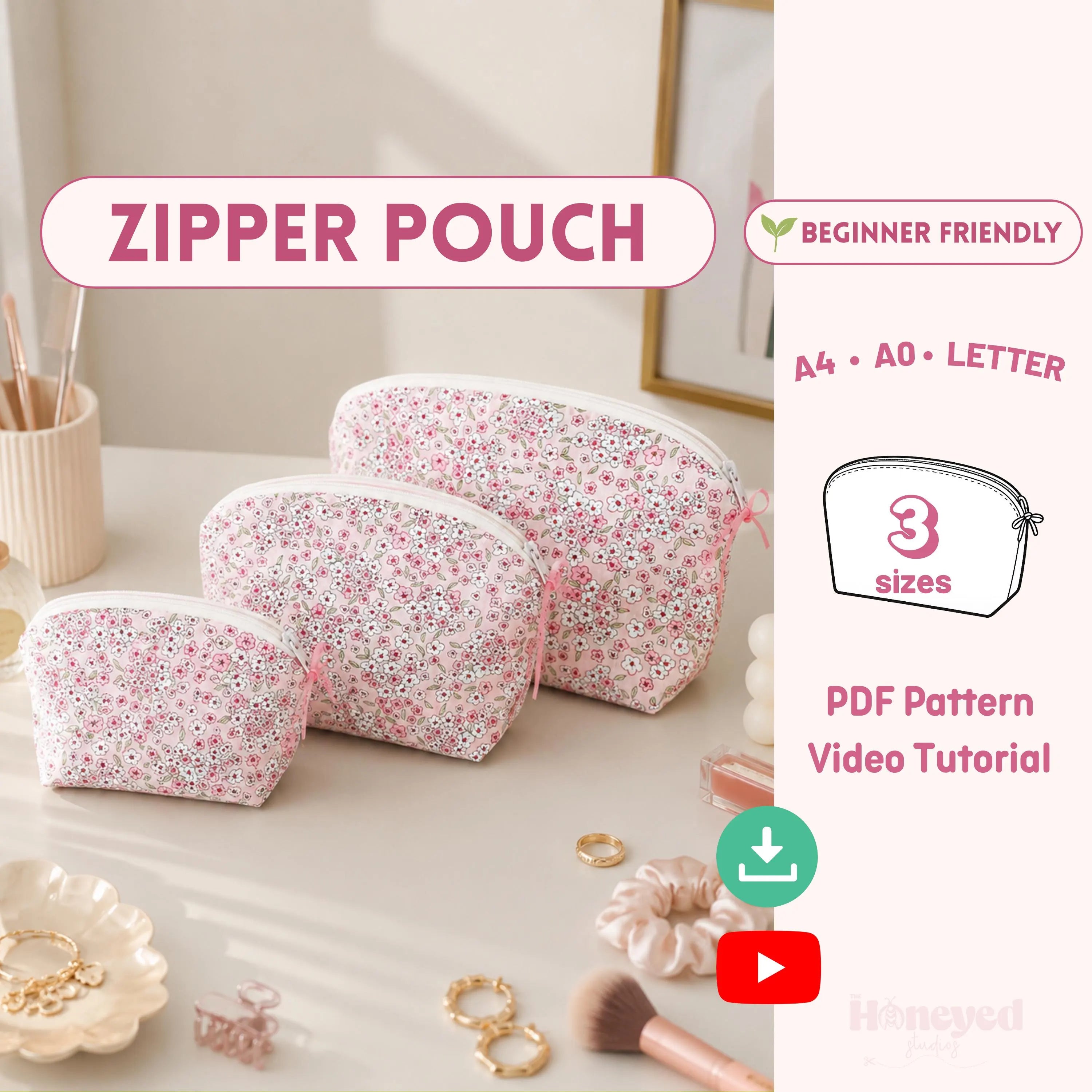 Zipper Pouch Sewing Pattern, Makeup Bag Pattern, Video Tutorial, Beginner Friendly Sewing Pattern, 3 sizes pattern