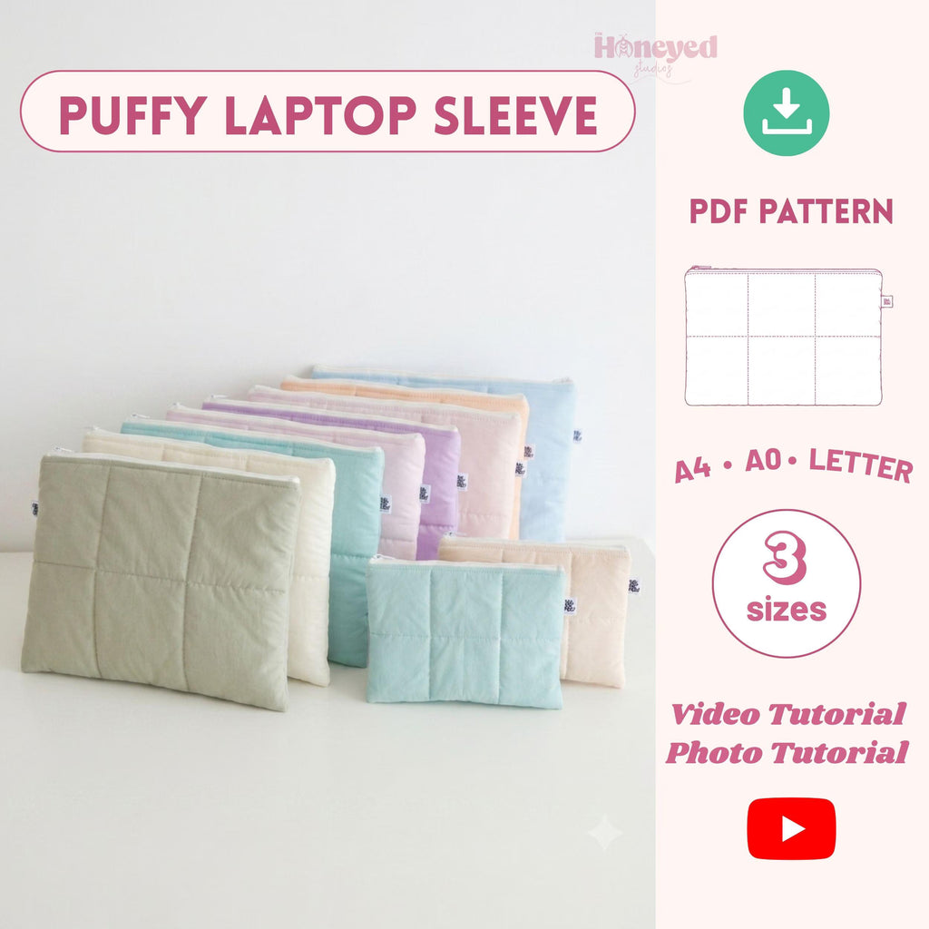 Puffy Laptop Sleeve Pattern, Quilted Laptop Sleeve Sewing Pattern Pdf, Full Video Tutorial, Beginner Friendly, PDF Download 13-16 inch