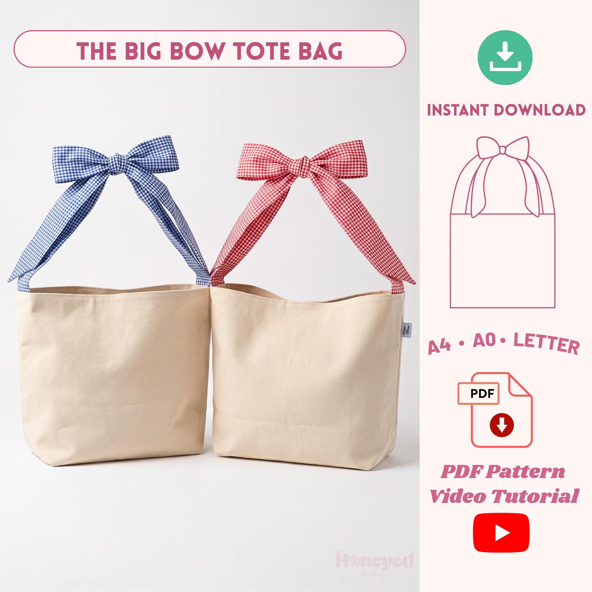 Bow Tote Bag Sewing Pattern, Video Tutorial, Beginner-Friendly PDF Pattern