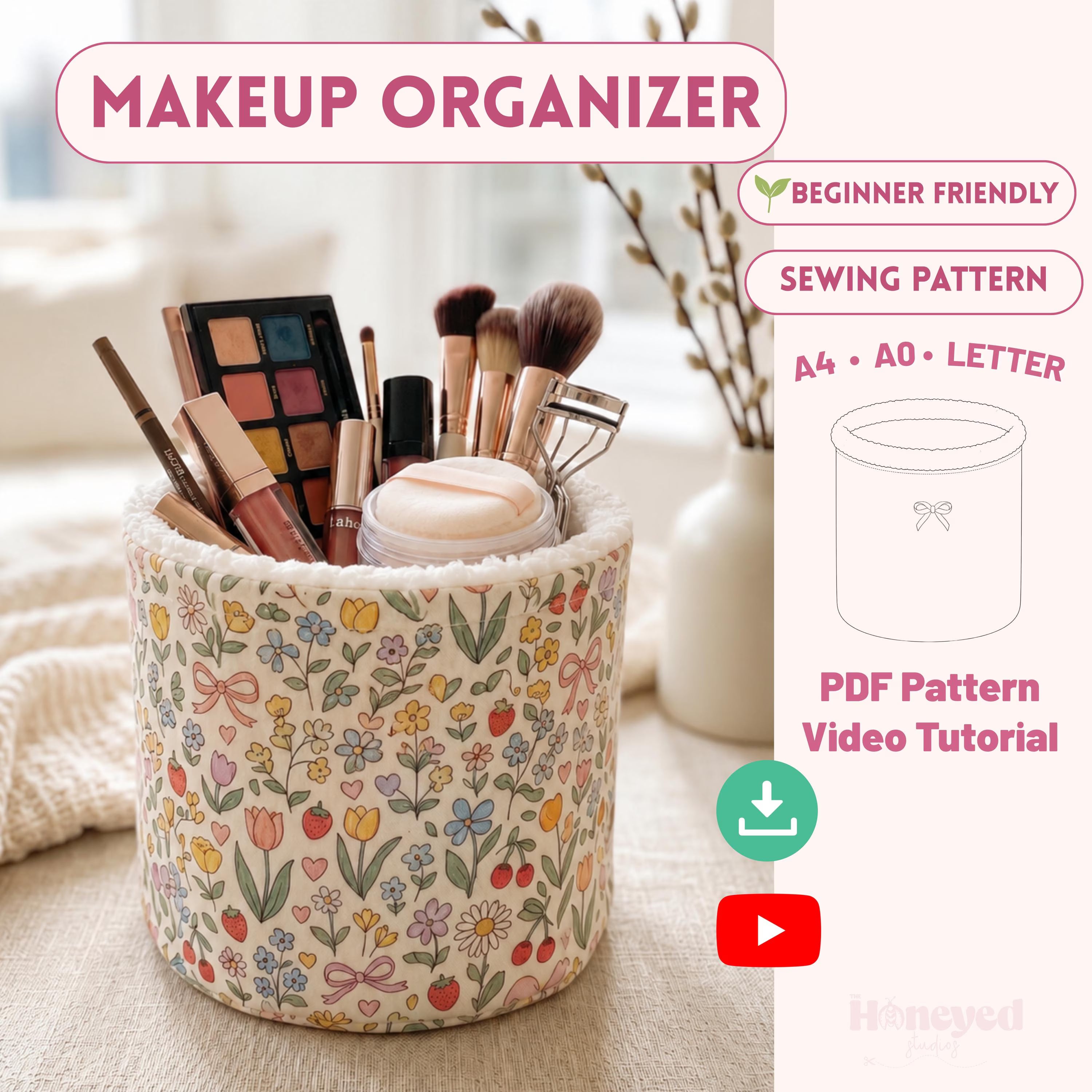 Makeup Organizer Sewing Pattern: Quilted Organizer with Video Tutorial (PDF Download)