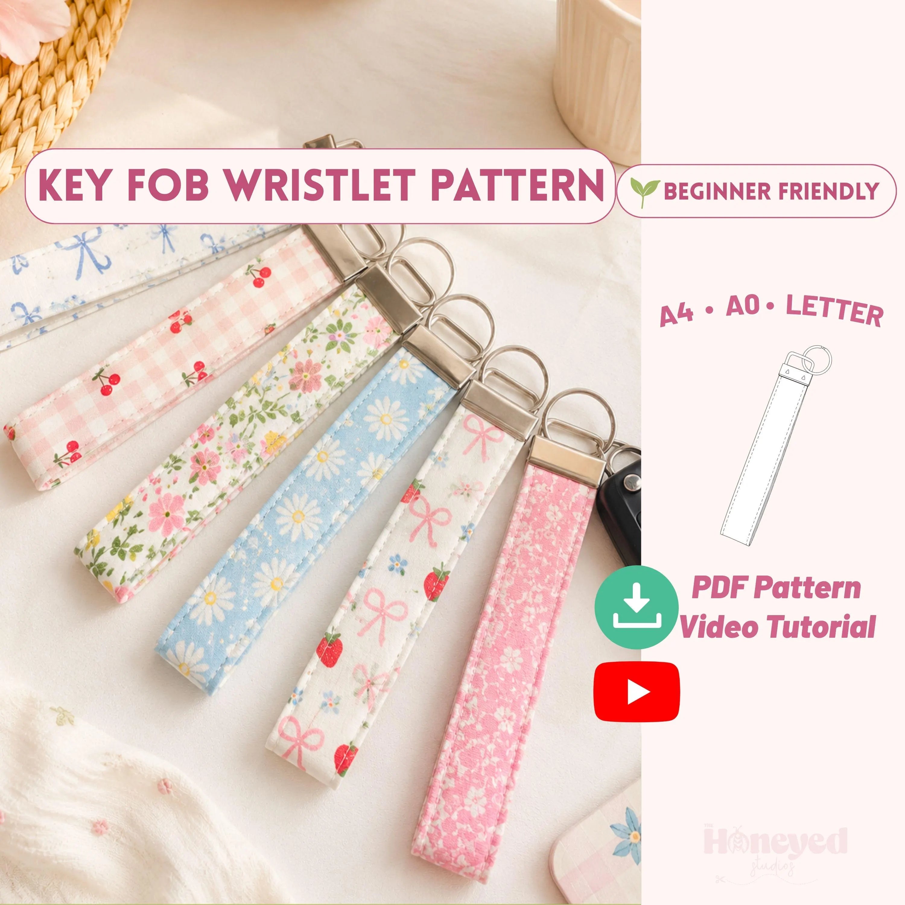 Key Fob Wristlet Sewing Pattern PDF, DIY Key Chain Tutorial, Beginner Sewing Pattern, Full Video Tutorial, Instant Download