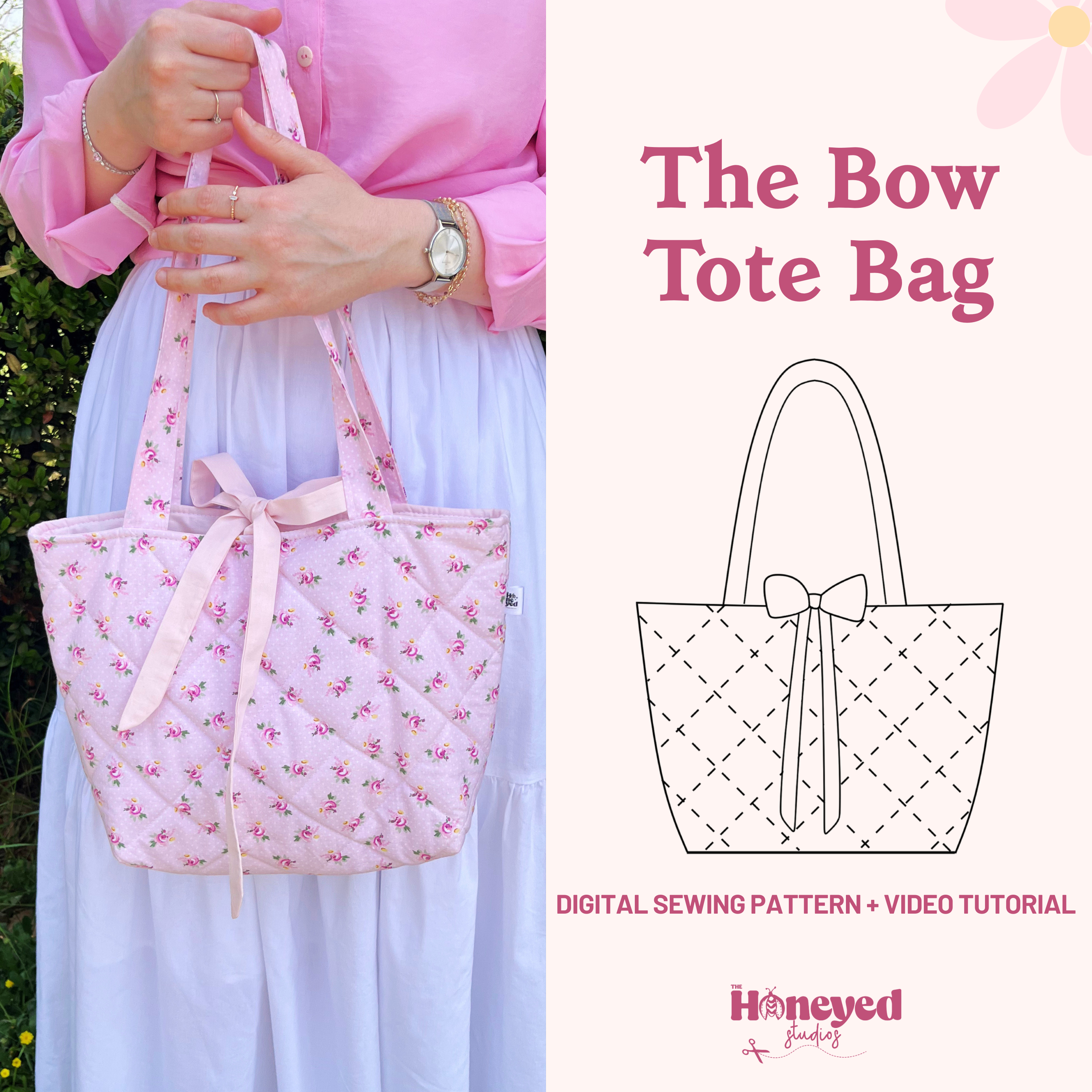 Coquette Bow Tote Bag Sewing Pattern with Video Tutorial (PDF Download)